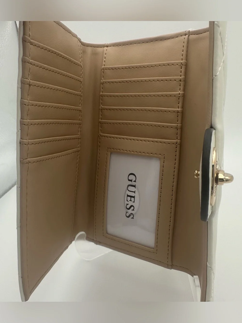 Guess Greenberry SLG Logo Slim Tri-Fold Clutch Wallet - White/Gold